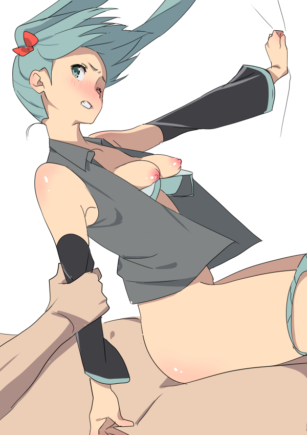 1boy 1girl aqua_bra aqua_hair aqua_panties blush bra bra_pull breasts clenched_teeth clothes_pull hanging_breasts hatsune_miku hetero nipples one_eye_closed onsenonsen678 open_clothes open_shirt panties panty_pull reverse_cowgirl_position straddling teeth thighs twintails underwear vocaloid