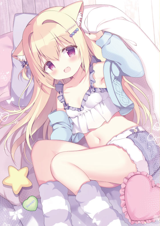 1girl animal_ear_fluff animal_ears azumi_kazuki bare_shoulders blonde_hair blue_jacket blush breasts camisole collarbone commentary cropped_jacket feet_out_of_frame frilled_pillow frills fur-trimmed_shorts fur_trim hair_ornament hairclip heart heart_pillow jacket long_hair long_sleeves looking_at_viewer melonbooks midriff navel open_mouth original pillow puffy_long_sleeves puffy_sleeves purple_eyes short_shorts shorts small_breasts solo white_camisole