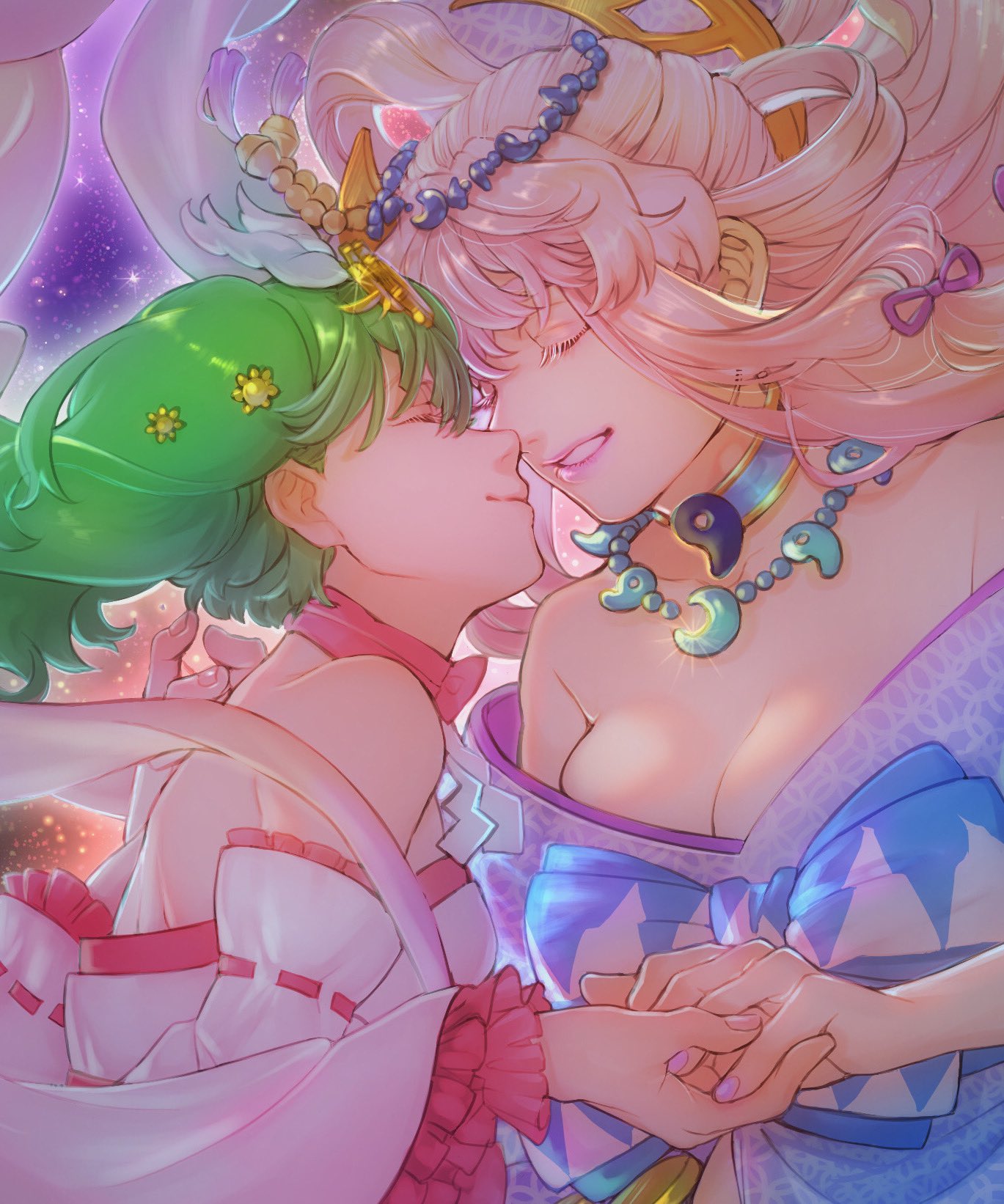 2girls bare_shoulders blonde_hair blunt_bangs breasts choker cleavage closed_eyes closed_mouth commentary_request detached_sleeves dress floating_hair frilled_sleeves frills glint green_hair hair_ornament highres holding_hands jewelry kimidori_(kimidoriri) large_breasts long_hair macross macross_frontier magatama magatama_hair_ornament magatama_necklace medium_hair multiple_girls necklace off-shoulder_dress off_shoulder parted_lips pink_nails profile purple_dress ranka_lee sheryl_nome sidelocks smile upper_body white_dress yuri