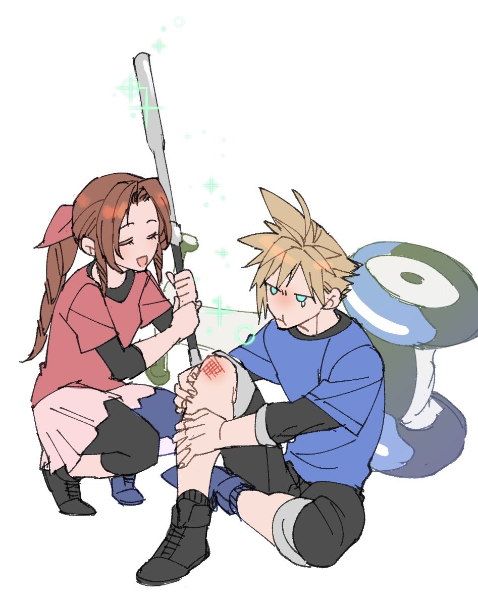 1boy 1girl aerith_gainsborough aqua_eyes black_footwear black_shirt black_shorts blonde_hair blue_shirt braid braided_ponytail brown_hair closed_eyes cloud_strife final_fantasy final_fantasy_vii final_fantasy_vii_rebirth full_body hair_ribbon healing holding holding_staff hugging_own_legs injury long_hair magic open_mouth parted_bangs pink_ribbon pink_shirt pink_skirt ribbon ryouto segway shirt shirt_under_shirt short_hair shorts sidelocks single_braid sitting skirt smile spiked_hair squatting staff tears white_background