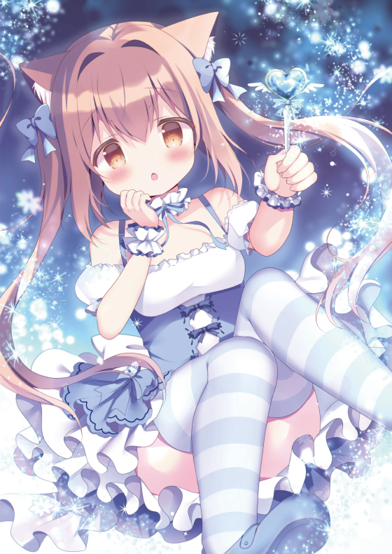 1girl animal_ear_fluff animal_ears azumi_kazuki blue_bow blue_thighhighs blush bow breasts brown_hair commentary_request detached_sleeves dress frilled_dress frills hair_bow long_hair looking_at_viewer melonbooks open_mouth original sleeveless sleeveless_dress small_breasts solo striped striped_thighhighs thighhighs twintails wrist_cuffs