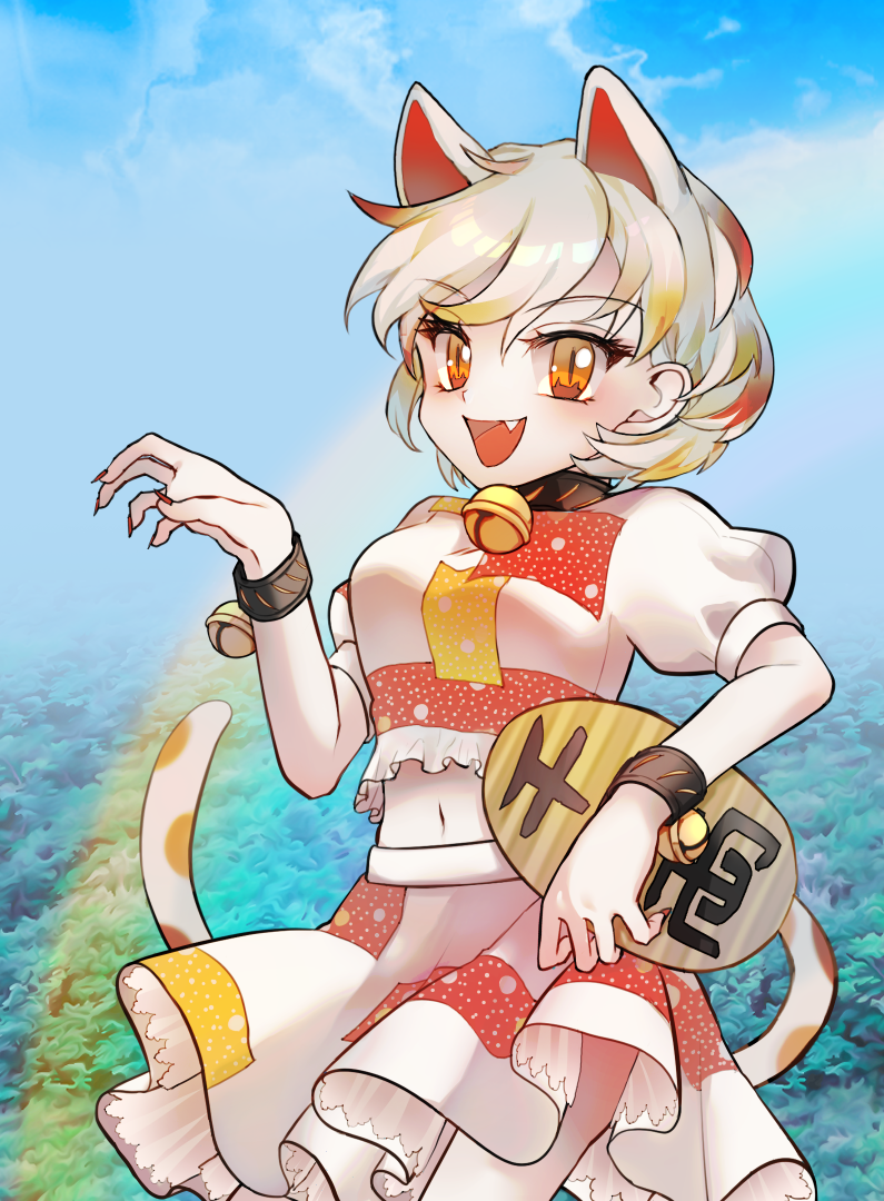 1girl animal_ears bell breasts calico cat_ears cat_girl cat_tail coin commentary_request crop_top fang fingernails gold goutokuji_mike holding jingle_bell koban_(gold) long_fingernails maneki-neko medium_breasts medium_skirt midriff mirei_(miirei) multicolored_clothes multicolored_hair multicolored_shirt multicolored_skirt multicolored_tail navel neck_bell open_mouth orange_eyes patch patchwork_clothes rainbow red_nails short_hair skirt solo streaked_hair tail touhou unconnected_marketeers white_hair
