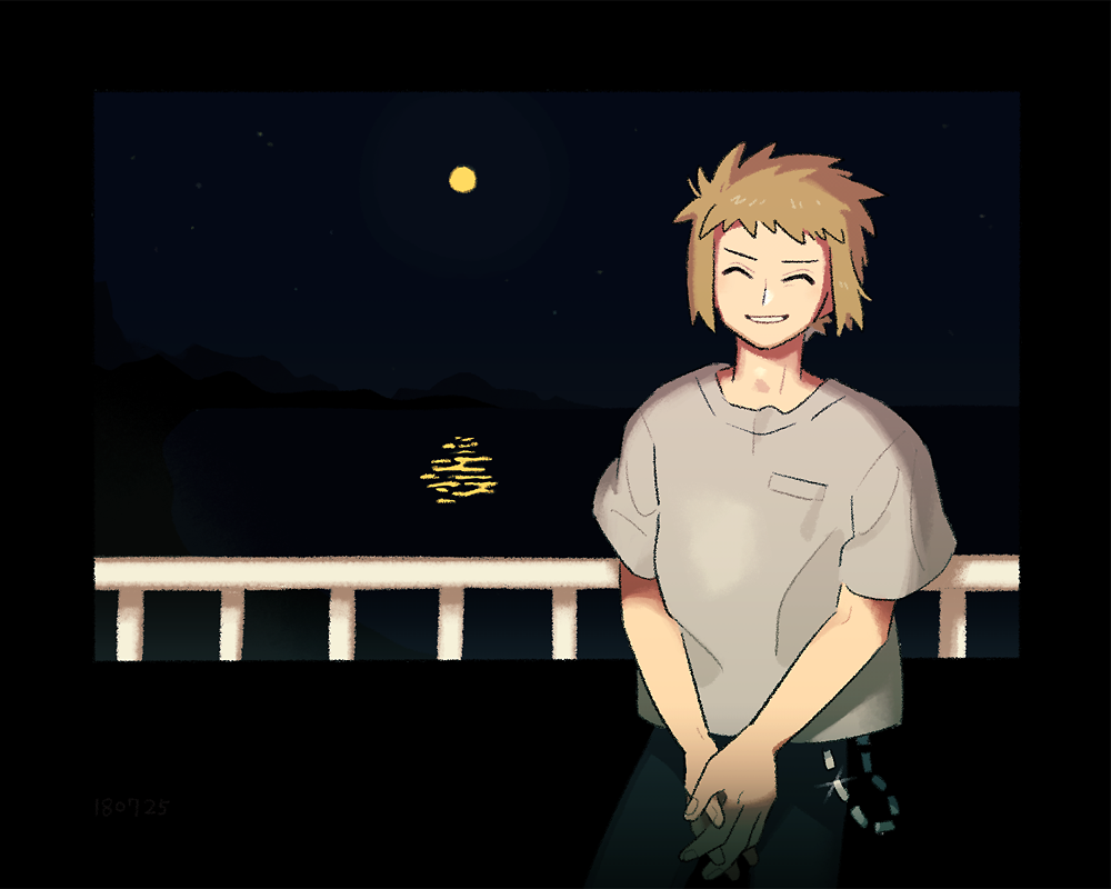 1boy blonde_hair commentary_request cowboy_shot grey_shirt hmtmgl male_focus moon night night_sky ocean pokemon pokemon_dppt reflection reflective_water shirt sky smile solo sparkle volkner_(pokemon)