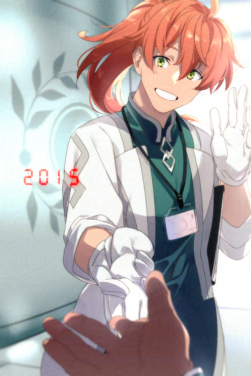 1boy ahoge coat commentary_request echo_(circa) fate/grand_order fate_(series) gloves green_eyes grin hair_between_eyes holding holding_clothes holding_gloves id_card indoors lab_coat long_hair looking_at_viewer male_focus messy_hair orange_hair out_of_frame ponytail pov pov_hands romani_archaman sleeves_rolled_up smile twitter_username white_coat white_gloves