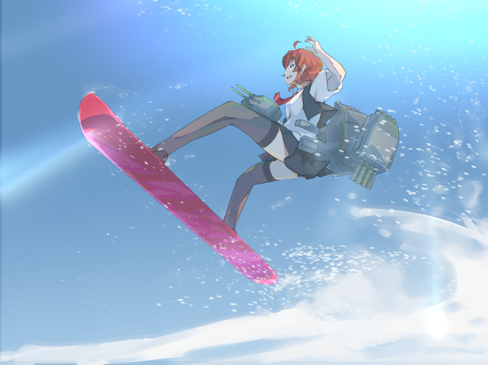 1girl ahoge arashi_(kantai_collection) bangs black_legwear black_skirt black_vest blouse day from_side kantai_collection open_mouth outdoors red_hair red_neckwear rigging shirt short_hair short_sleeves skirt sky snow snowboard snowboarding solo thighhighs vest white_shirt yamaioni_(sasakama)