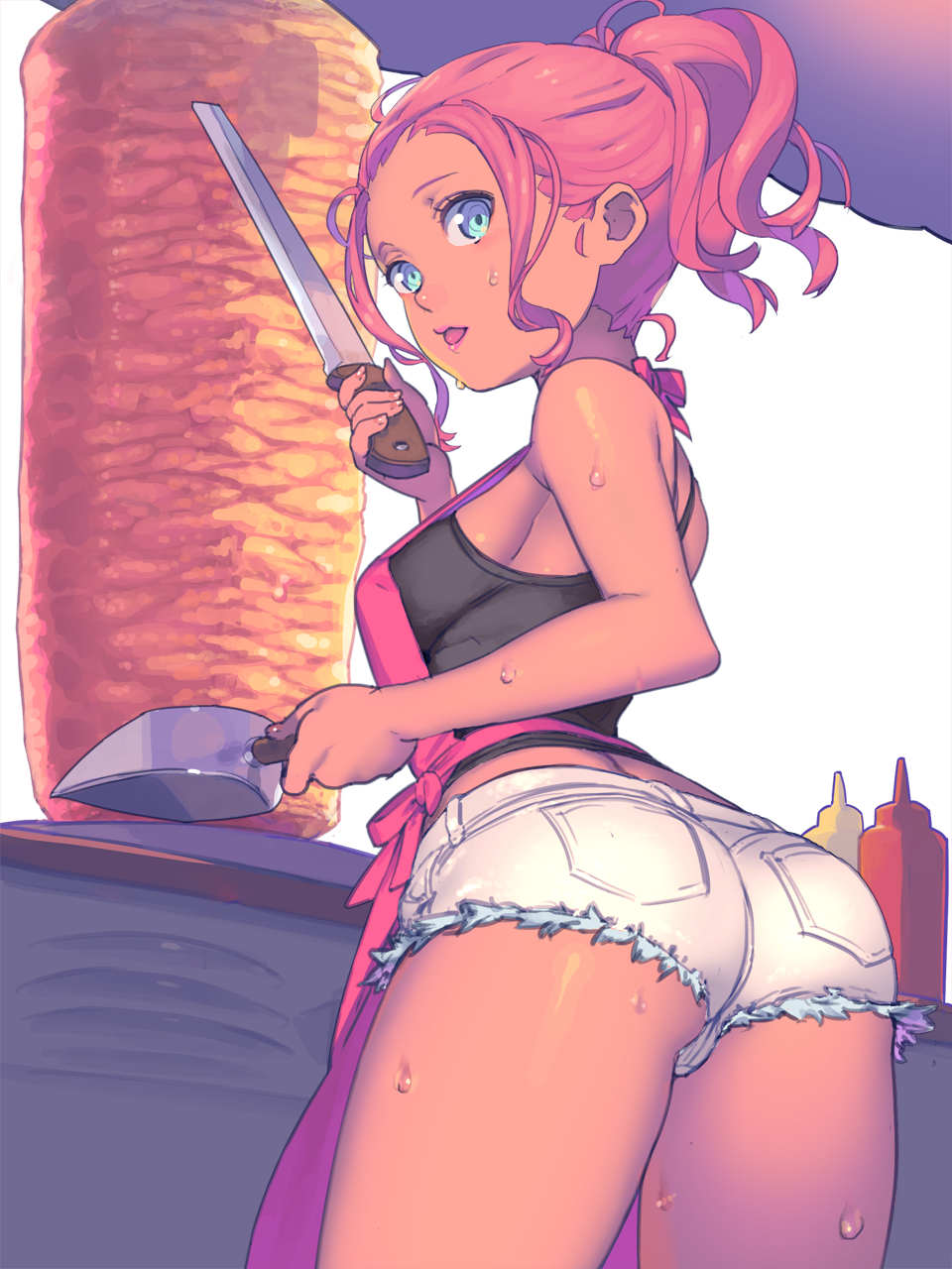 1girl apron ass back bare_shoulders blue_eyes bottle breasts cooking cowboy_shot cutoffs dark_skin denim denim_shorts food food_stand from_behind grill headwear_writing highres holding kebab ketchup knife lipstick looking_at_viewer looking_back makeup meat medium_breasts mustard nagisa_kurousagi open_mouth original pink_lipstick pocket ponytail red_hair rotisserie short_shorts shorts sideboob solo standing sweat tank_top thighs tongue tongue_out vertical_rotisserie white_background white_shorts