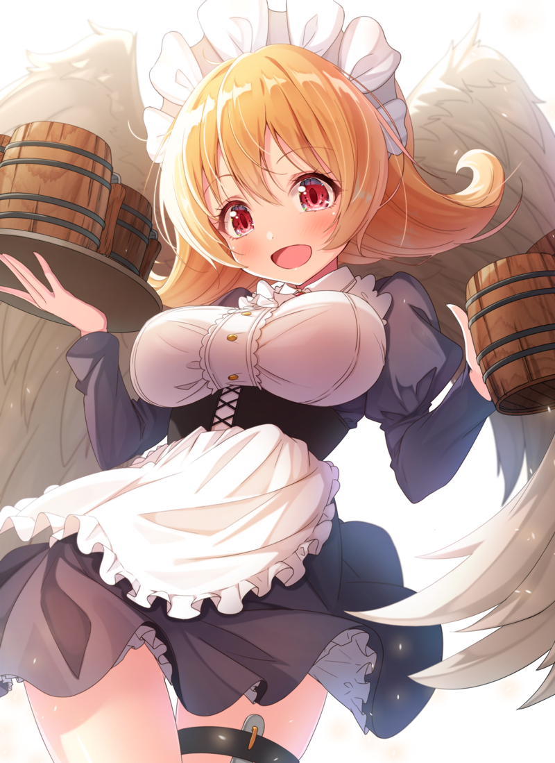 1girl :d apron bangs black_dress blurry blurry_background blush breasts brown_wings collared_shirt commentary_request cup depth_of_field dress eyebrows_visible_through_hair feathered_wings frilled_apron frills hair_between_eyes holding holding_cup holding_tray ishuzoku_reviewers juliet_sleeves large_breasts long_hair long_sleeves matokechi meidri mug open_mouth orange_hair pleated_dress puffy_sleeves red_eyes shirt simple_background smile solo tray waist_apron white_apron white_background white_shirt wings