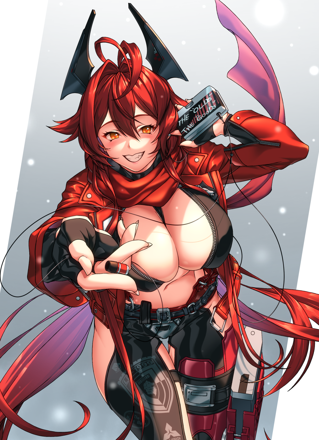 1girl antenna_hair belt between_breasts black_belt black_gloves black_jacket black_pants breasts cleavage commentary_request cowboy_shot cropped_jacket crotch_plate earphones fingerless_gloves gloves goddess_of_victory:_nikke grin hair_between_eyes hair_intakes hand_up highres hip_vent holding holding_earphones holster horns incoming_earphone jacket kurono_(pixiv_97973531) large_breasts leaning_forward leather leather_jacket leather_pants long_hair long_sleeves looking_at_viewer mechanical_horns navel open_clothes open_jacket pants red_hair red_hood_(nikke) red_jacket red_scarf scarf sidelocks smile solo standing stomach strap_between_breasts suspenders teeth thigh_gap thigh_holster unzipped walkman yellow_eyes