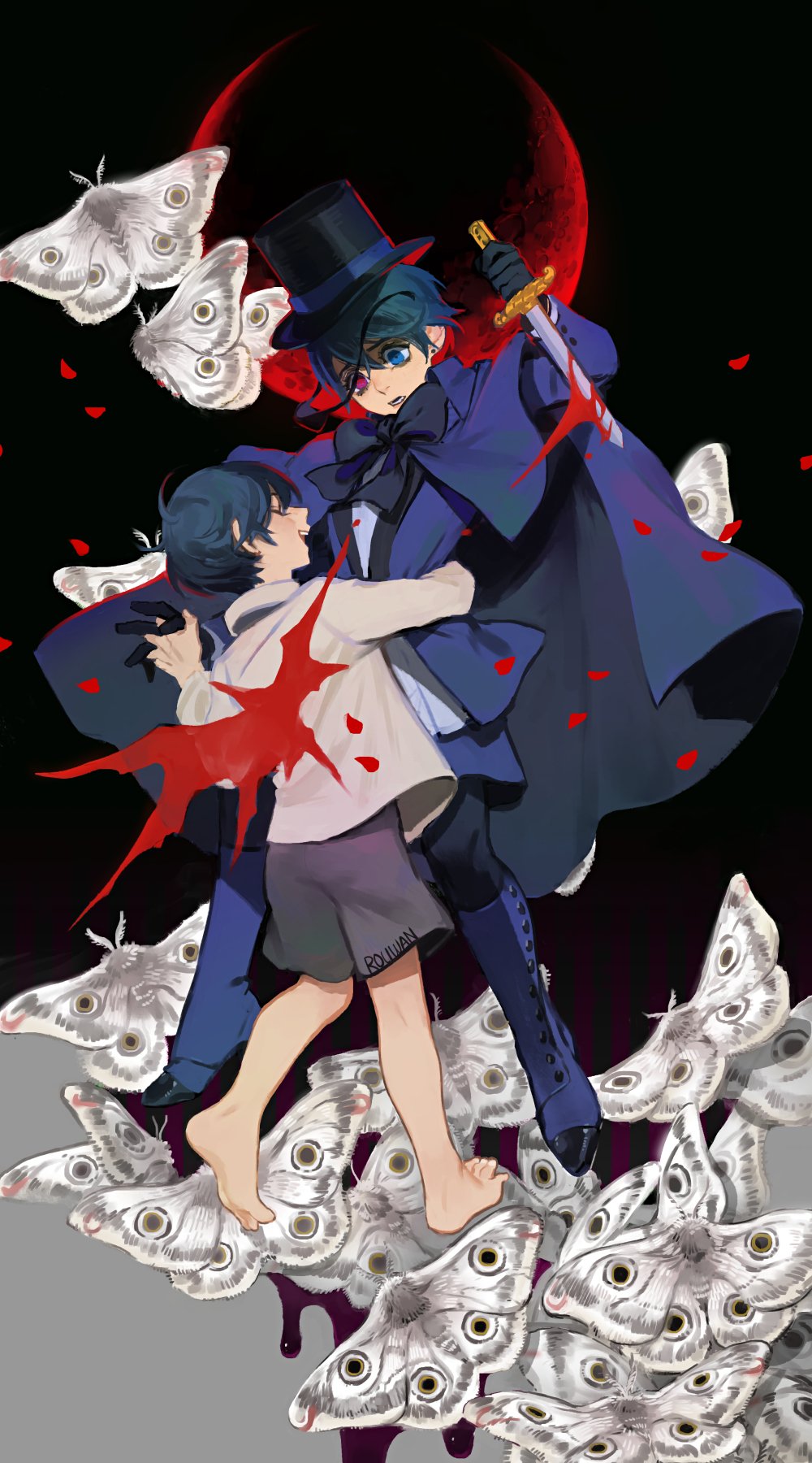2boys arm_around_waist artist_name barefoot black_background black_bow black_bowtie black_footwear black_gloves black_headwear black_shorts bleeding blood blood_on_weapon blood_splatter blue_cloak blue_eyes blue_hair blue_jacket blue_pants blue_sleeves bow bowtie brothers bug ciel_phantomhive cloak closed_eyes collared_cloak collared_shirt commentary dagger earrings eclipse english_commentary frown full_body gloves hat heterochromia highres holding holding_dagger holding_hands holding_knife holding_weapon hug jacket jewelry knife kuroshitsuji long_sleeves looking_at_another lower_teeth_only lunar_eclipse male_focus moon moth multiple_boys open_clothes open_jacket open_mouth pants petals red_eyes red_moon rose_petals rouwan shirt shoes short_hair shorts siblings signature smile spoilers stud_earrings teeth toes top_hat twins upper_teeth_only weapon white_shirt white_sleeves