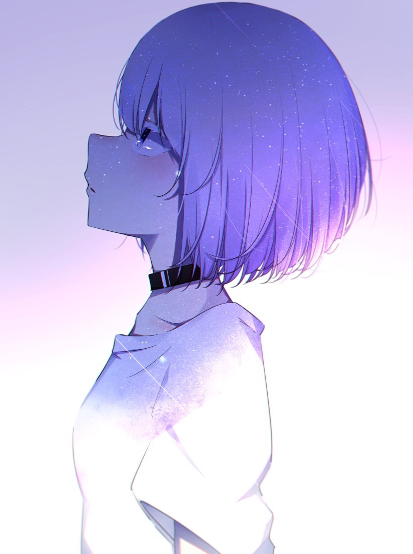 bob_cut choker expressionless from_side gender_request grey_hair ichiki_1 looking_up multicolored_hair original profile purple_eyes shirt short_hair short_sleeves sky solo star_(sky) starry_sky t-shirt two-tone_hair white_hair white_shirt white_theme
