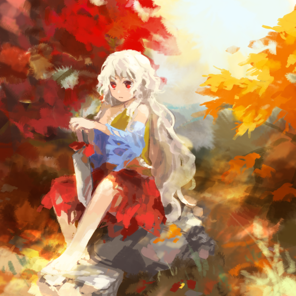 1girl barefoot blue_sleeves cleaver closed_mouth commentary_request day detached_sleeves dress hashitsuki_nata holding_cleaver kaigen_1025 multicolored_clothes multicolored_dress nata_(tool) outdoors red_eyes rock sakata_nemuno sitting sitting_on_rock solo touhou wavy_hair white_hair