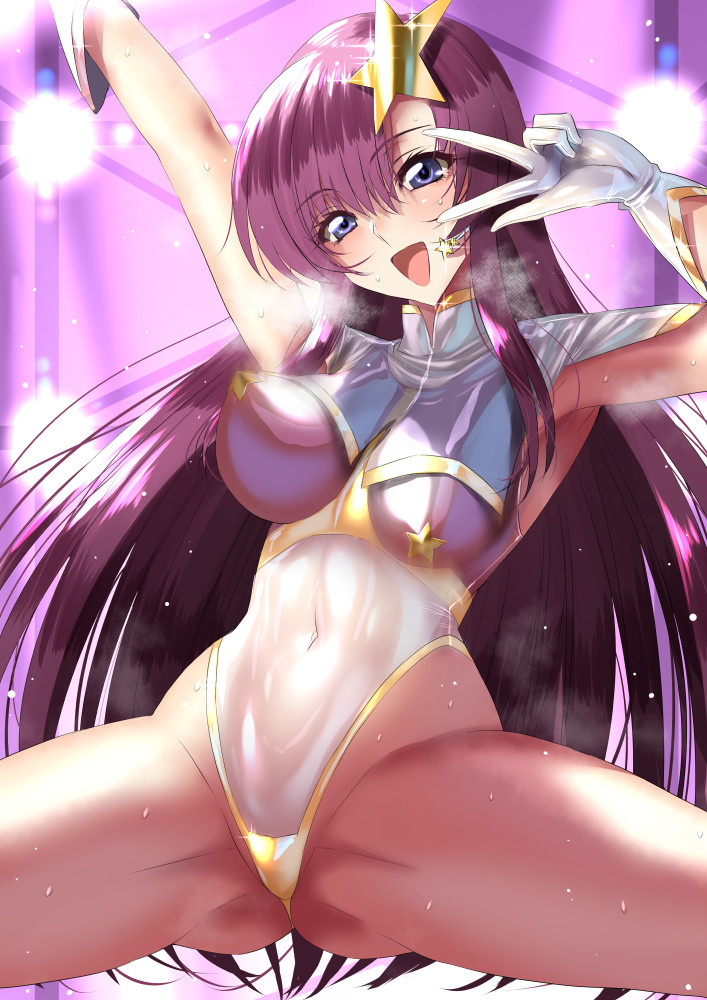 arm_up armpits bouncing_breasts breasts elbow_gloves eyebrow gloves gundam gundam_seed gundam_seed_destiny hair_ornament highleg large_breasts leotard meer_campbell pasties pink_hair purple_eyesvlong_hair see_throughcovered_navel sen_(sansui) shiny spread_legs star star_hair_ornament