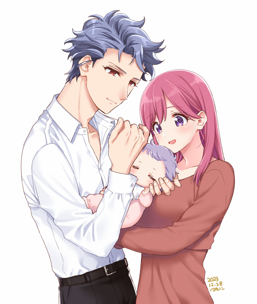1boy 1girl 1other artist_name baby belt belt_buckle black_belt black_pants blush breasts brown_dress buckle closed_eyes closed_mouth collared_shirt dated dress grey_hair holding_baby if_they_mated krudears long_hair long_sleeves medium_breasts open_mouth pants parent_and_child pink_hair protagonist_(tokimemo_gs3) purple_eyes red_eyes shirt shitara_seiji short_hair smile tokimeki_memorial tokimeki_memorial_girl's_side_3rd_story white_background white_shirt