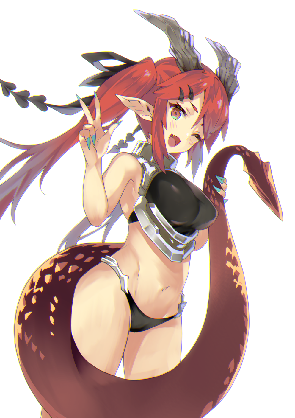 1girl ;d bangs bare_arms bare_shoulders black_panties black_ribbon blue_nails blush breasts brown_eyes commentary_request crop_top dragon_girl dragon_horns dragon_tail eyebrows_behind_hair fang fingernails groin hair_ornament hair_ribbon hairclip hands_up highres holding_tail horns large_breasts long_fingernails long_hair nail_polish navel nuqura one_eye_closed open_mouth original panties pointy_ears red_hair ribbon sharp_fingernails simple_background smile solo tail twintails underwear v very_long_hair white_background