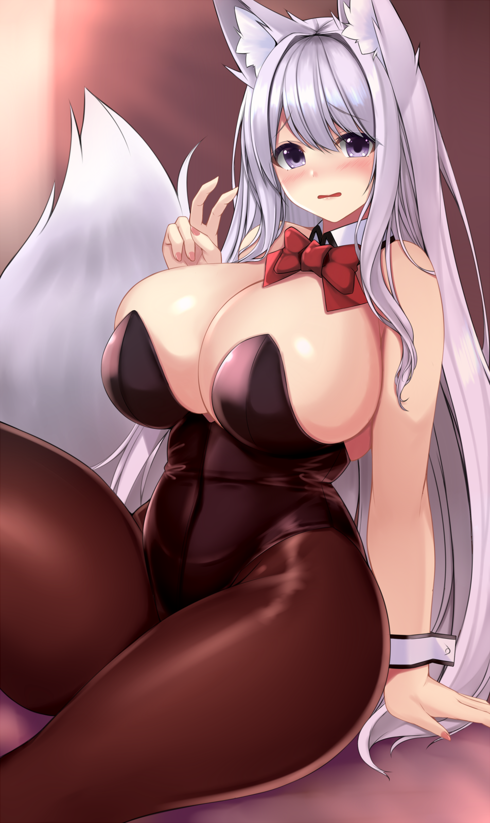 1girl animal_ear_fluff animal_ears blush bow bowtie breasts brown_pantyhose cleavage detached_collar fox_ears fox_girl fox_tail grey_eyes grey_hair highres huge_breasts long_hair looking_at_viewer nervous original pantyhose playboy_bunny red_bow red_bowtie sogaya solo tail v very_long_hair wrist_cuffs