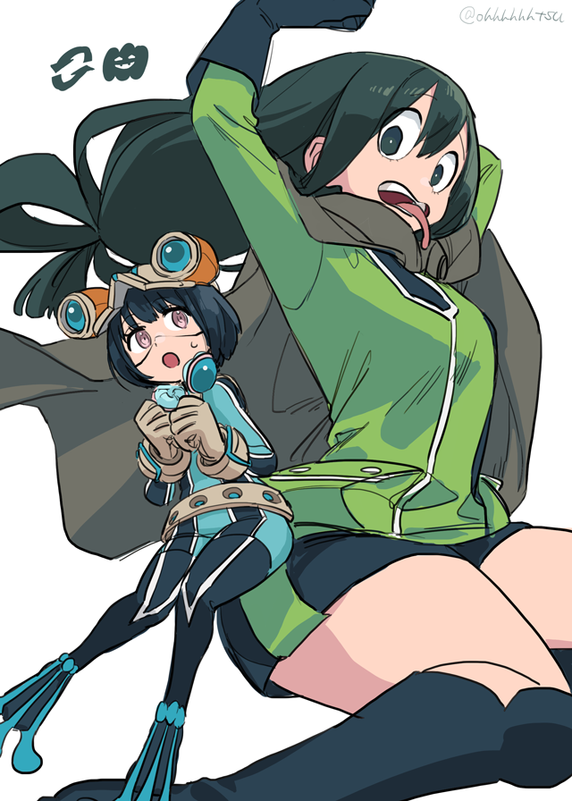 2girls :o alternate_color amatori_chika arms_up asui_tsuyu belt black_footwear black_gloves black_hair blue_bodysuit blue_footwear bob_cut bodysuit boku_no_hero_academia boots commentary_request cosplay costume_switch crossover flippers floating_hair gloves goggles goggles_on_head green_jacket grey_cloak hair_between_eyes hair_rings hands_up headphones headphones_around_neck inset jacket jumping knee_boots knees_together_feet_apart long_hair looking_at_viewer low-tied_long_hair mikumo_squad's_uniform multiple_girls ohhhhhhtsu open_mouth short_hair simple_background sweatdrop tongue tongue_out twitter_username white_background world_trigger