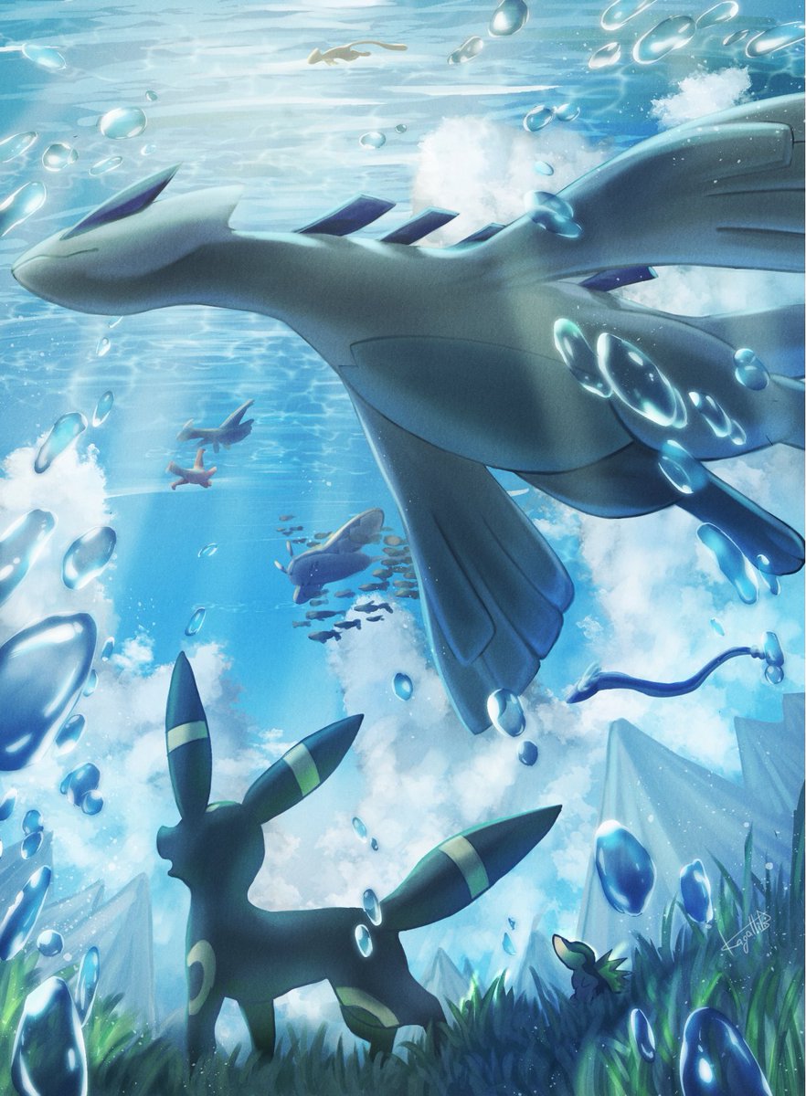 animal_focus black_fur bubble cloud colored_skin commentary_request cyndaquil dragonair grass highres kagalli latias latios lugia mantine mew_(pokemon) mountain no_humans partially_underwater_shot pokemon pokemon_(creature) signature sunlight tail umbreon underwater white_skin wings