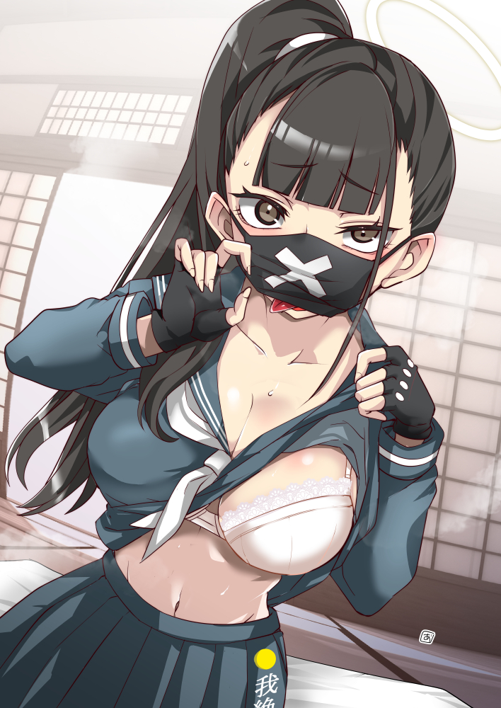 1girl aoi_manabu black_eyes black_gloves black_hair black_mask black_sailor_collar black_skirt blue_archive bra breasts collarbone gloves large_breasts long_hair long_sleeves looking_at_viewer mask mouth_mask navel neckerchief pleated_skirt ponytail sailor_collar skirt solo sukeban_(smg)_(blue_archive) surgical_mask tongue tongue_out underwear white_bra white_neckerchief