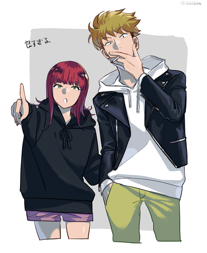 1boy 1girl :o between_fingers black_hoodie black_jacket blonde_hair blunt_bangs casual cigarette commentary_request covered_mouth cropped_legs drawstring flipped_hair green_eyes green_pants grey_background hand_in_pocket hand_up head_tilt height_difference holding holding_cigarette hood hood_down hoodie jacket katori_youko long_sleeves medium_hair ohhhhhhtsu outstretched_arm pants pointing purple_shorts sanpaku short_hair shorts side-by-side smoking suwa_koutarou white_hoodie world_trigger