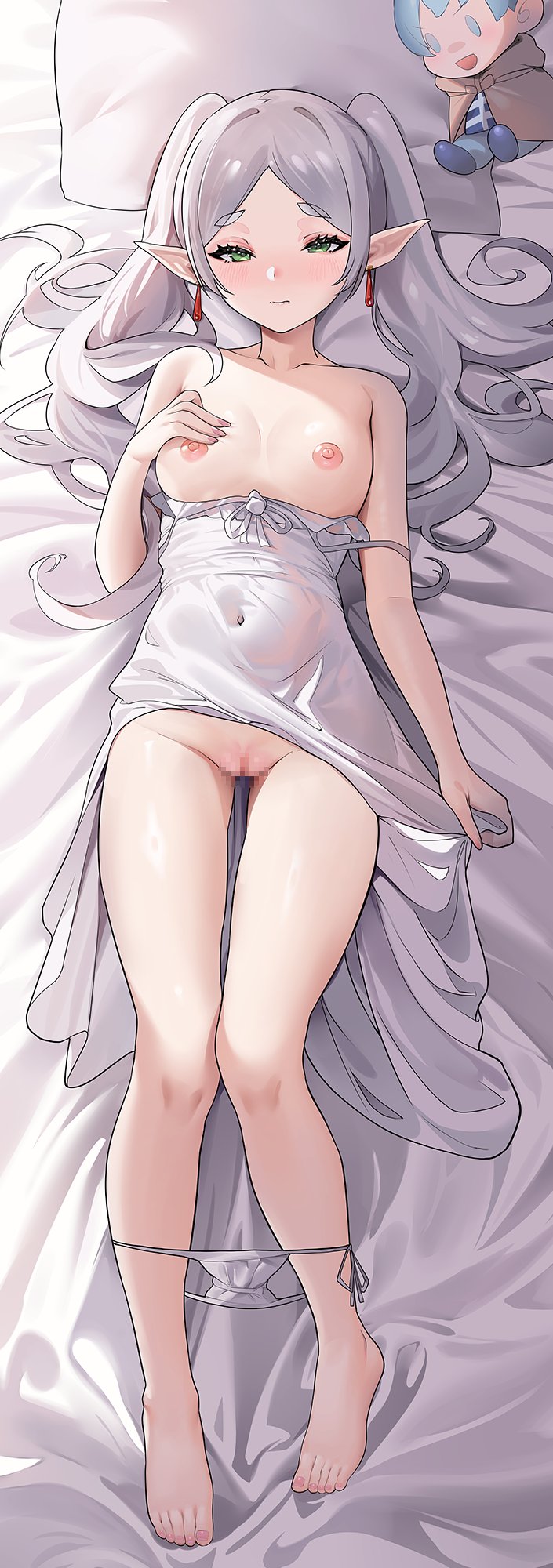 1girl barefoot breasts censored character_doll covered_navel dakimakura_(medium) elf frieren green_eyes highres long_hair looking_at_viewer lying mosaic_censoring nipples on_back on_bed otakueden1995 panties parted_bangs pillow pointy_ears pussy small_breasts solo sousou_no_frieren toes twintails underwear white_hair white_panties