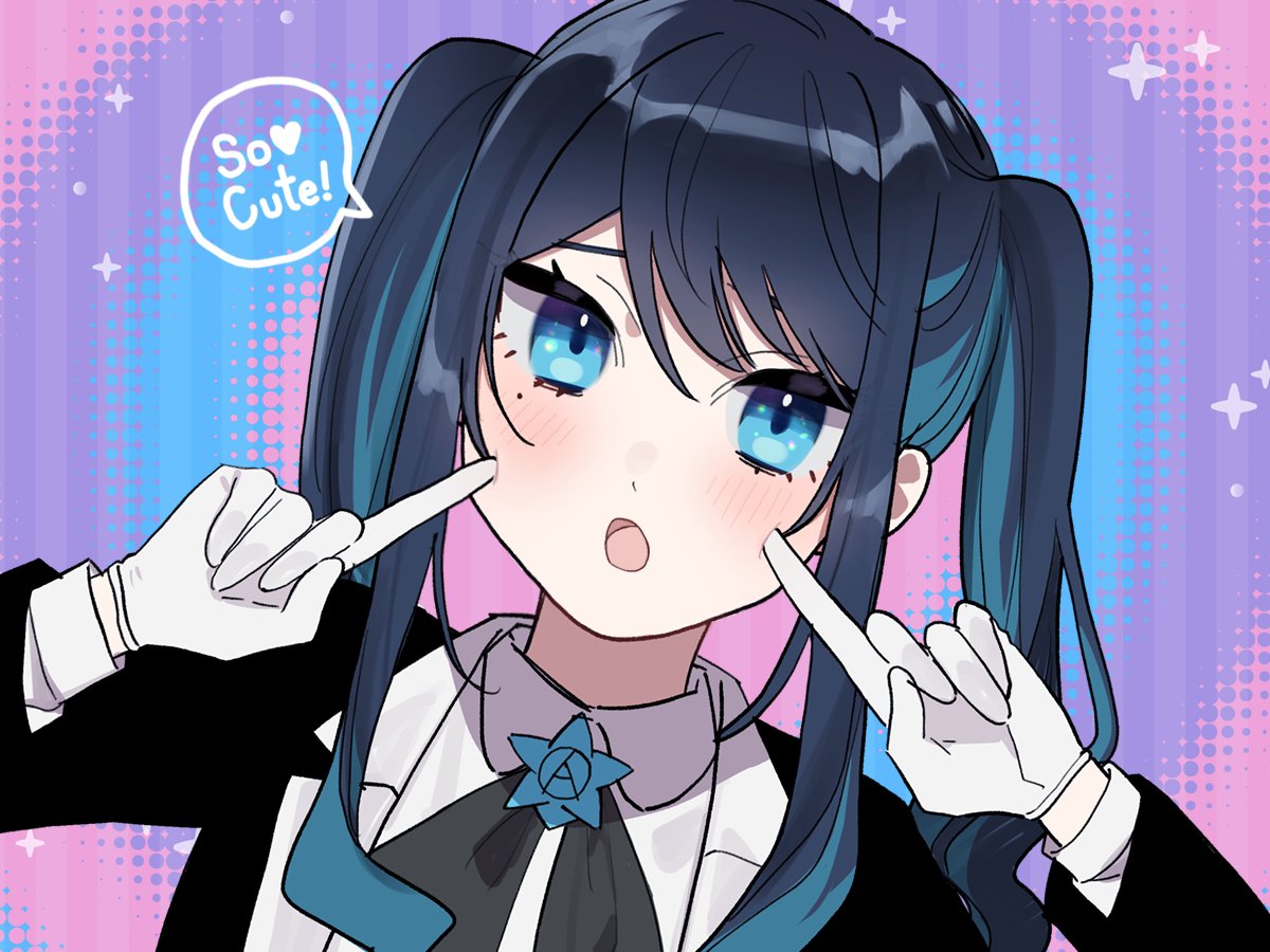 1girl :o ado_(utaite) black_bow black_bowtie black_coat blue_eyes blue_flower blue_hair blush bow bowtie chando_(ado) cheek_poking cloud_nine_inc coat colored_inner_hair commentary english_commentary english_text flower flower_brooch gloves hair_between_eyes long_hair long_sleeves looking_at_viewer mole mole_under_eye multicolored_hair open_mouth pointing pointing_at_self poking riseno shirt sidelocks solo speech_bubble twintails two-tone_hair upper_body utaite white_gloves white_shirt