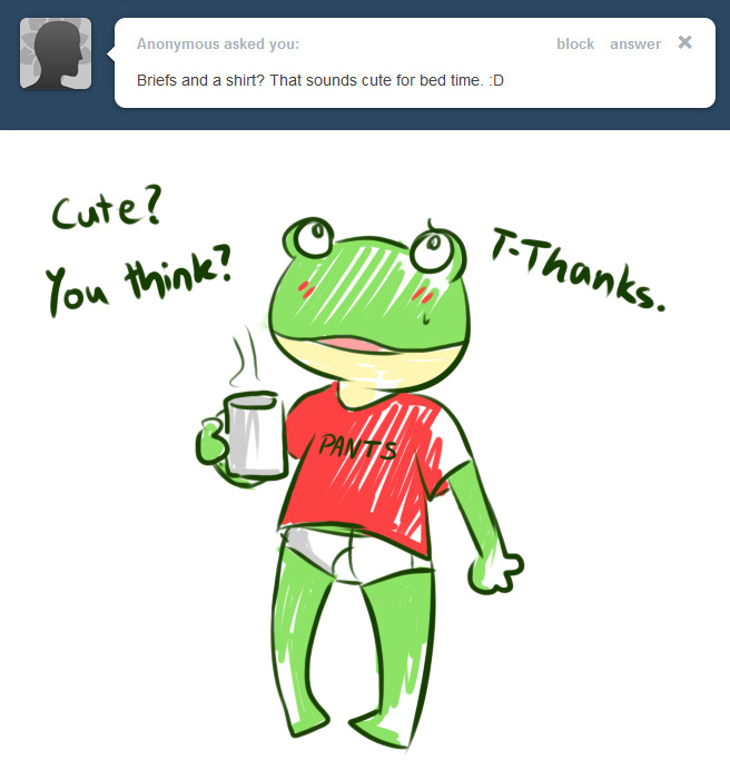amphibian anthro ask_blog barefoot beverage bodily_fluids briefs clothing coffee_cup container cup dialogue english_text feet frog green_body green_skin holding_beverage holding_object male nintendo pantsless red_clothing red_shirt red_t-shirt red_topwear shirt sleepwear slippy_o'donnell slippy_toad smile solo star_fox sweat t-shirt text tighty_whities topwear tumblr underwear white_briefs white_clothing white_underwear y-fronts