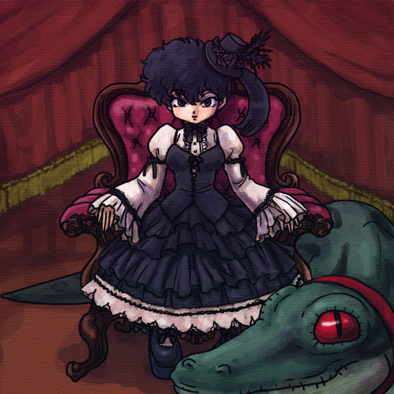 1girl animal black_dress black_headwear black_ribbon blonde_hair breasts chair crocodile crocodilian dress kunou_kodachi lipstick makeup ranma_1/2 red_eyes ribbon shadow sitting wanta_(futoshi)