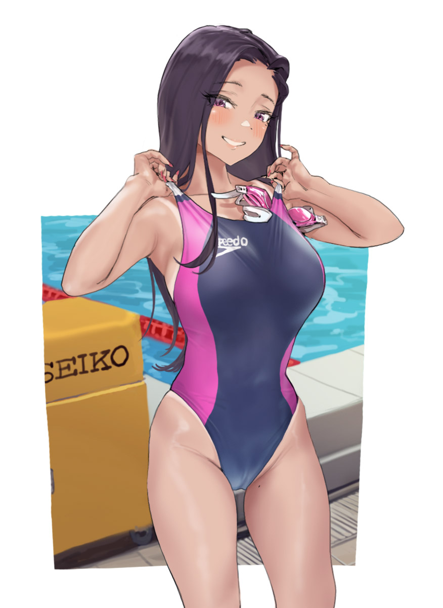 1girl armpits black_hair blush breasts cameltoe collarbone commentary competition_swimsuit forehead groin hamedoragon highres large_breasts long_hair looking_at_viewer mole mole_on_thigh one-piece_swimsuit original pool poolside smile solo swim_goggles swimsuit two-tone_one-piece_swimsuit very_long_hair