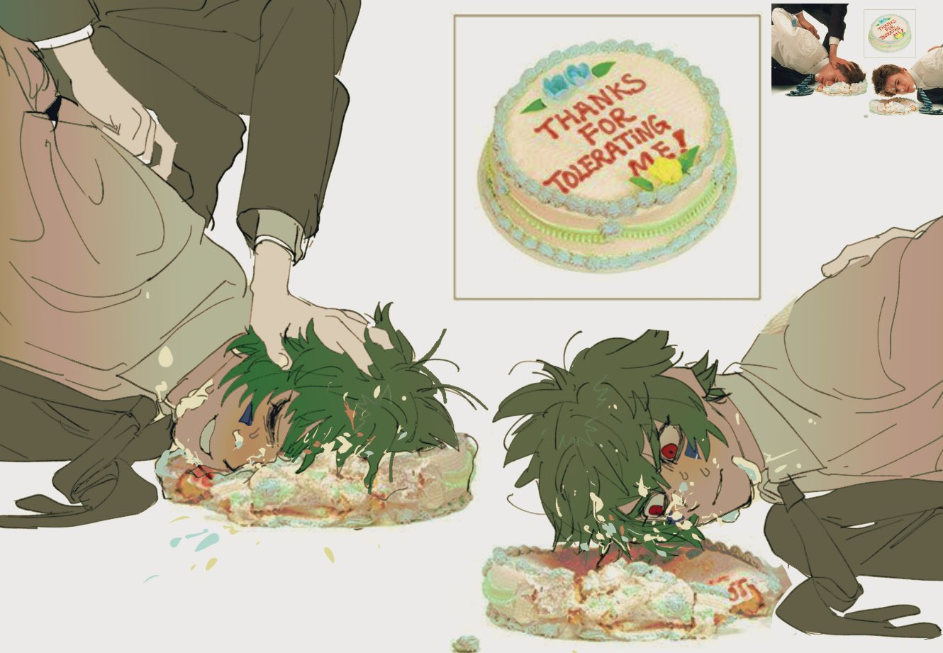 2boys black_necktie cake cake_on_head closed_eyes closed_mouth collared_shirt food food_on_clothes food_on_face glasses green_hair long_sleeves looking_down lying male_focus master_detective_archives:_rain_code multiple_boys necktie oishikunatte_shintoujou on_side open_mouth out_of_frame red_eyes reference_inset round_eyewear shirt short_hair simple_background smile upper_body white_background white_shirt yomi_hellsmile zilch_alexander