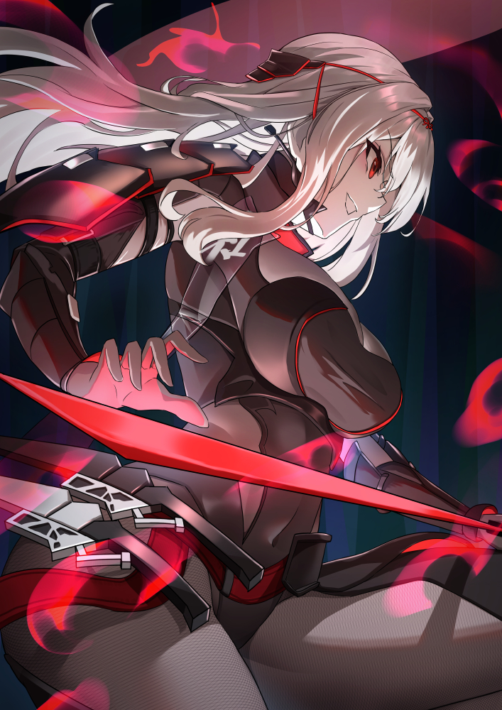 1girl arm_guards armor armored_bodysuit belt bodysuit breasts brown_belt brown_bodysuit dagger fighting_stance goddess_of_victory:_nikke grey_hair grin hair_between_eyes halo hatenoga holding holding_sword holding_weapon japanese_armor katana knife long_hair looking_at_viewer medium_breasts official_alternate_costume on_one_knee parted_lips red_eyes scarlet_(black_shadow)_(nikke) scarlet_(nikke) sheath shoulder_armor smile solo sword weapon