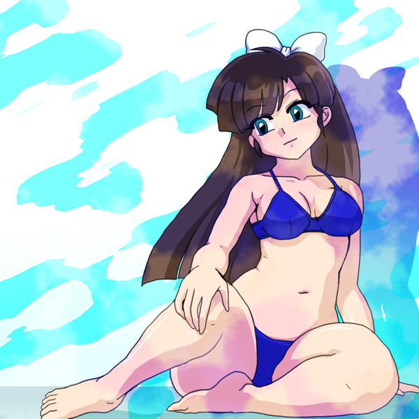 1girl aqua_eyes barefoot bow breasts brown_hair commentary_request hair_bow knee_up kuonji_ukyou legs light_smile looking_down navel on_floor ranma_1/2 shadow solo swimsuit toes wanta_(futoshi) white_bow