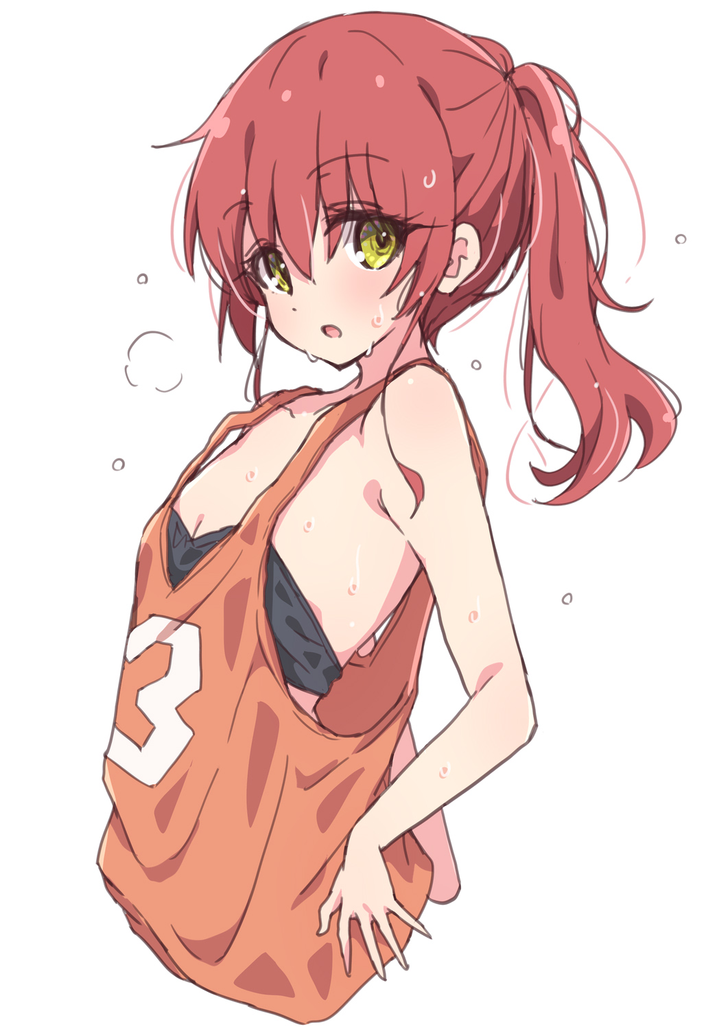 1girl basketball_uniform black_bra bocchi_the_rock! bra breasts cleavage commentary_request green_eyes heavy_breathing highres kita_ikuyo looking_at_viewer mel_(melty_pot) open_mouth ponytail red_hair short_hair simple_background small_breasts solo sportswear sweat underwear white_background