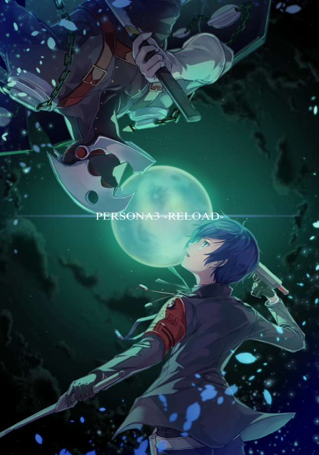 1boy 1other belt black_suit blue_hair cloud copyright_name fangs full_moon gloves gun holding holding_gun holding_sword holding_weapon moon night night_sky online_neet open_mouth persona persona_3 persona_3_reload short_hair skin_fangs sky suit sword thanatos_(persona) weapon white_gloves yuuki_makoto
