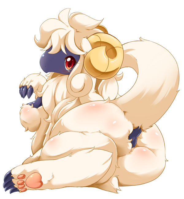 alpha_channel anthro arm_support big_breasts black_body blush body_blush bovid bovid_horn breasts butt caprine caprine_horn chest_tuft claws curled_horn digitigrade dock dragon female floppy_ears fluffy fur furred_dragon hair handpaw horn hybrid kemono looking_at_viewer looking_back lop_ears lying mammal nude on_side paw_pose pawpads paws perineum pose rear_view red_eyes semi-anthro sheep sheila_(ukan_muri) simple_background slightly_chubby solo tail thick_tail transparent_background tuft ukan_muri white_body white_fur white_hair wide_hips wool_(fur)