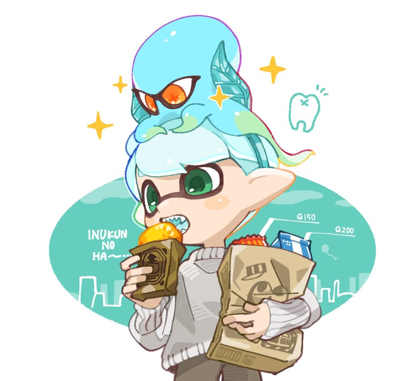 1boy bag brown_bag eating fake_horns food green_eyes grey_sweater holding holding_bag horns inkling inkling_boy octopus open_mouth orange_eyes paper_bag pointy_ears sharp_teeth short_hair sparkle spl8ya splatoon_(series) star-shaped_pupils star_(symbol) sweater symbol-shaped_pupils teeth tentacle_hair white_background