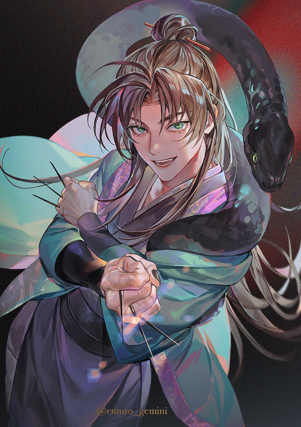 1boy black_nails black_snake brown_hair crossed_arms emuro_gemini fang feet_out_of_frame floral_print gradient_background green_eyes green_robe hair_bun hair_ornament hair_stick highres holding holding_needle korean_commentary long_hair looking_at_viewer needle open_mouth return_of_the_mount_hua_sect robe sash scar scar_on_hand smile snake solo standing tang_bo_(return_of_the_mount_hua_sect) thick_eyebrows twitter_username