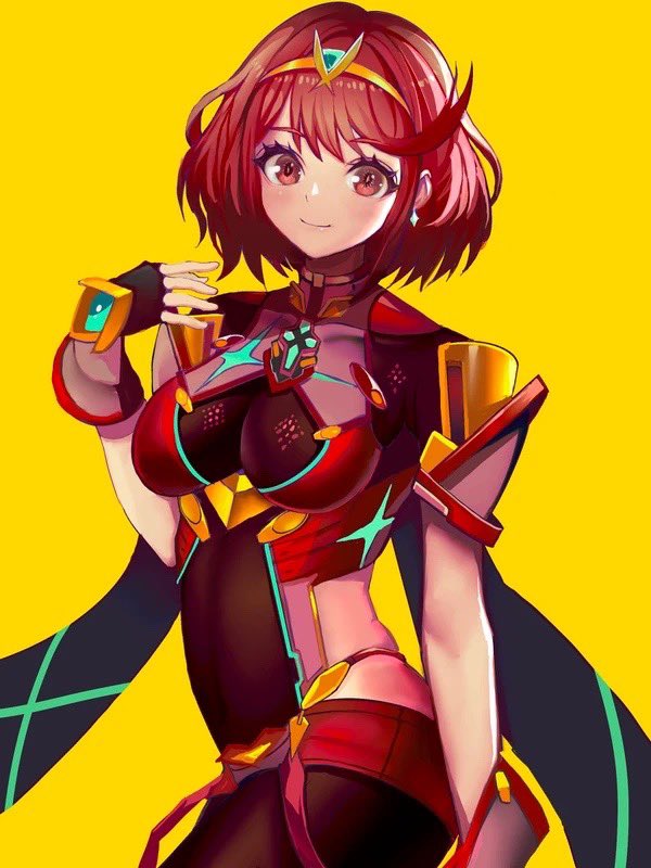 1girl bob_cut breasts closed_mouth commentary_request core_crystal_(xenoblade) eyelashes eyeshadow looking_at_viewer makeup medium_hair pink_eyeshadow pyra_(xenoblade) red_eyes red_hair rokuba simple_background skin_tight skindentation smile solo tiara xenoblade_chronicles_(series) xenoblade_chronicles_2 yellow_background