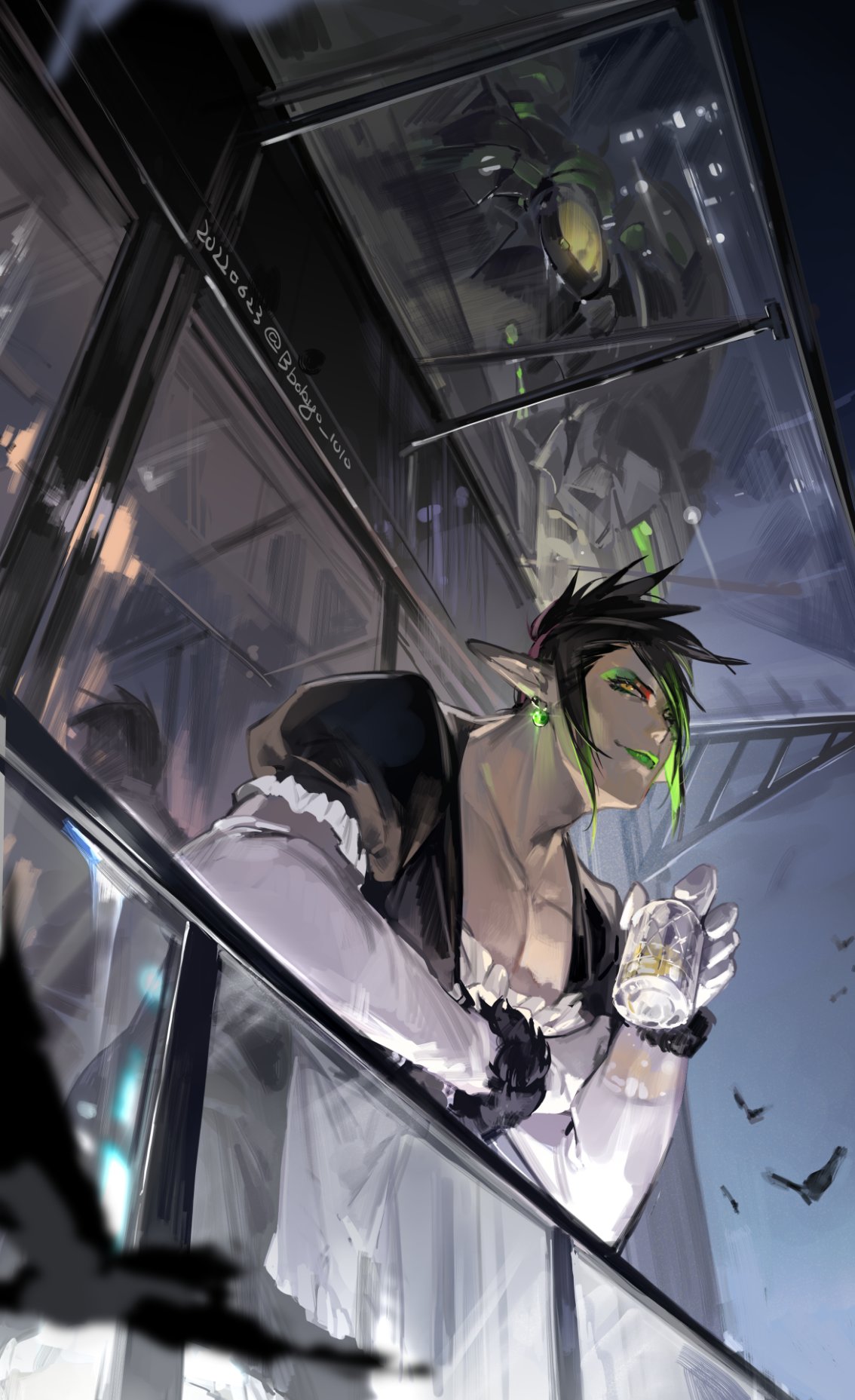 1boy black_dress black_hair bokyo closed_mouth collarbone cup dated dress drinking_glass earrings elbow_gloves eyeshadow from_below gloves gradient_hair green_eyeshadow green_hair green_lips hanabatake_chaika hanabatake_chaika_(1st_costume) highres holding holding_cup jewelry makeup male_focus mecha multicolored_eyeshadow multicolored_hair nijisanji on_railing pointy_ears puffy_short_sleeves puffy_sleeves railing red_eyes reflection robot short_sleeves twitter_username virtual_youtuber white_gloves yellow_eyes