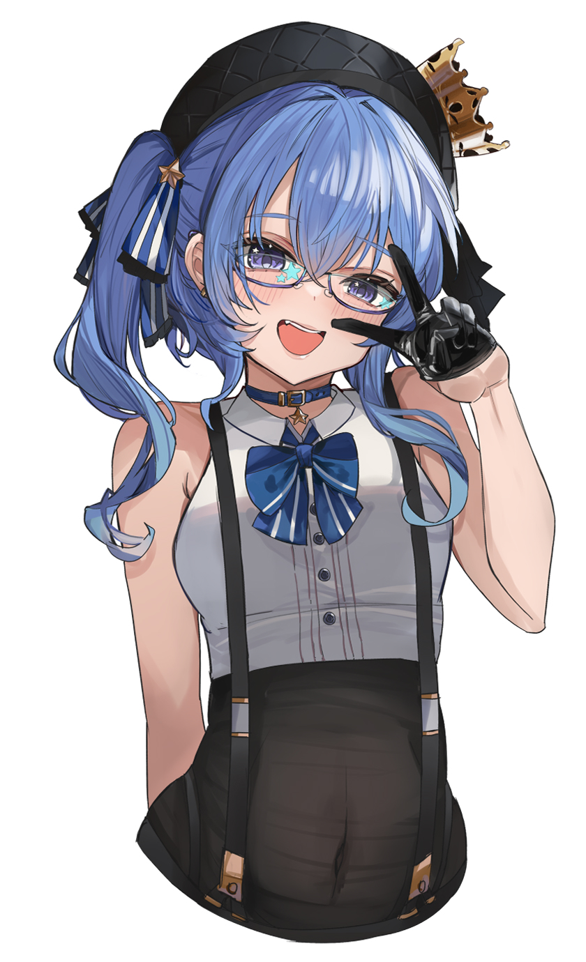 1girl appleseed_(appleseed_art) arm_behind_back belt_collar beret black_gloves black_headwear blue-framed_eyewear blue_eyes blue_hair blue_ribbon blush breasts collar collared_shirt commentary_request covered_navel cropped_torso crown glasses gloves half_gloves hand_up hat highres hololive hoshimachi_suisei long_hair looking_at_viewer medium_breasts mini_crown neck_ribbon open_mouth ribbon semi-rimless_eyewear shirt simple_background sleeveless sleeveless_shirt smile solo star_(symbol) star_in_eye suspenders symbol_in_eye teeth two_side_up upper_teeth_only v virtual_youtuber white_background white_shirt