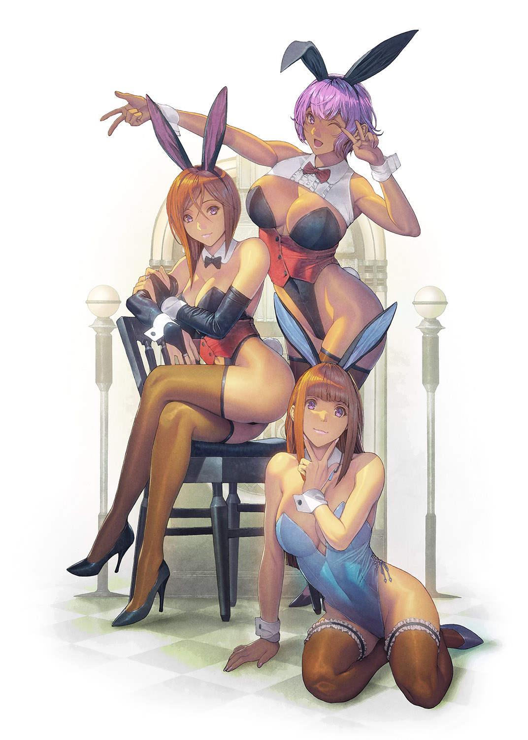 3girls :o animal_ears bare_shoulders black_bow black_bowtie black_leotard blue_bow blue_bowtie blue_leotard border bow bowtie breastless_clothes breasts brown_hair checkered_background contrapposto cowboy_shot crossed_legs double_v elbow_gloves fake_animal_ears fake_tail finger_to_mouth fingerless_gloves gloves highres homare_(fool's_art) jukebox kneeling large_breasts leotard long_hair looking_at_viewer multiple_girls on_chair open_mouth original pantyhose paw_pose playboy_bunny purple_eyes purple_hair rabbit_ear_hairband rabbit_ears rabbit_tail red_bow red_bowtie short_hair sitting tail thighband_pantyhose thighhighs tongue tongue_out v white_border wrist_cuffs