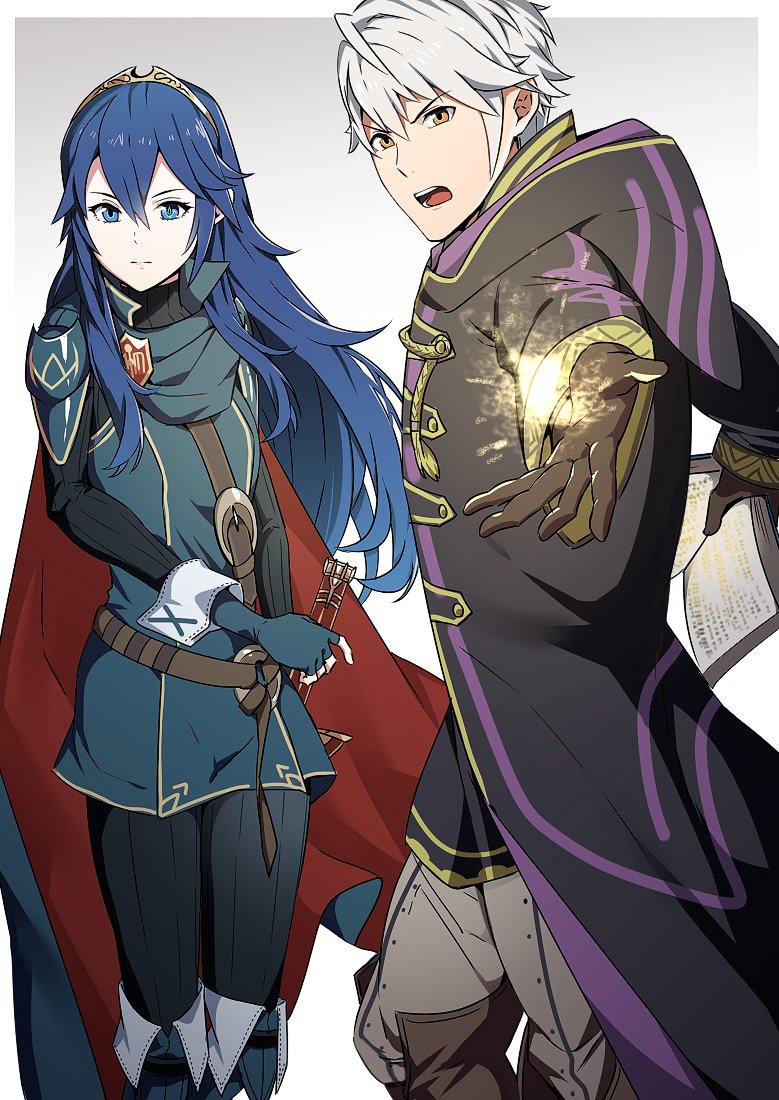 1boy 1girl ameno_(a_meno0) armor belt black_robe black_sweater blue_cape blue_eyes blue_gloves blue_hair book border brown_belt brown_gloves cape closed_mouth commentary_request falchion_(fire_emblem) fingerless_gloves fire_emblem fire_emblem_awakening gloves gold_trim grey_background hair_between_eyes holding holding_book hood hood_down hooded_robe long_hair long_sleeves looking_at_viewer lucina_(fire_emblem) magic open_mouth outside_border pants pauldrons red_cape ribbed_sweater robe robin_(fire_emblem) robin_(male)_(fire_emblem) short_hair shoulder_armor simple_background sweater sword tiara turtleneck turtleneck_sweater two-tone_cape weapon white_hair white_pants