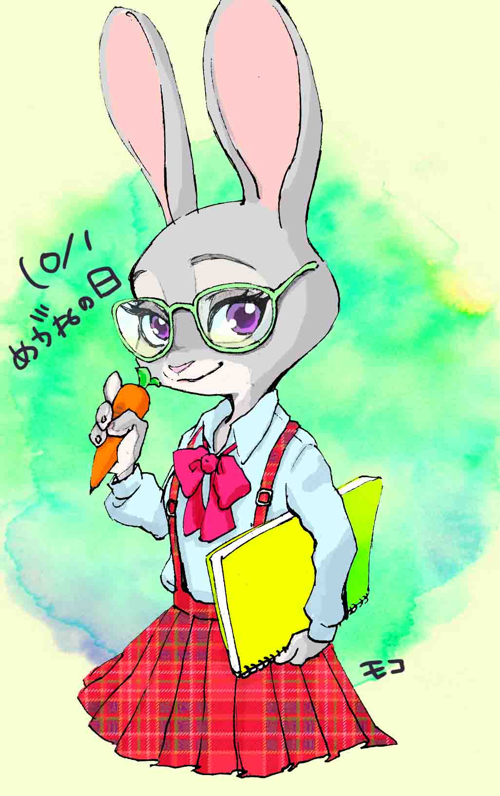 anthro carrot_pen clothed clothing disney eyewear fully_clothed fur glasses grey_body grey_fur hi_res holding_object japanese_text judy_hopps lagomorph leporid mammal monmokamoko rabbit simple_background solo text zootopia