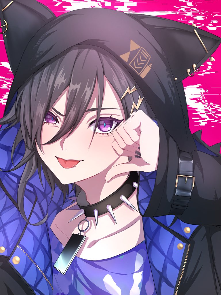 0a0 1boy androgynous black_hair black_nails coat collar eyelashes facing_viewer hair_between_eyes hair_ornament half-closed_eye holostars hood hood_up hooded_coat kanade_izuru kanade_izuru_(1st_costume) lightning_bolt_hair_ornament lightning_bolt_symbol looking_at_viewer male_focus nail_polish open_clothes open_coat pink_background purple_eyes short_hair solo spiked_collar spikes thumbs_down tongue tongue_out upper_body virtual_youtuber