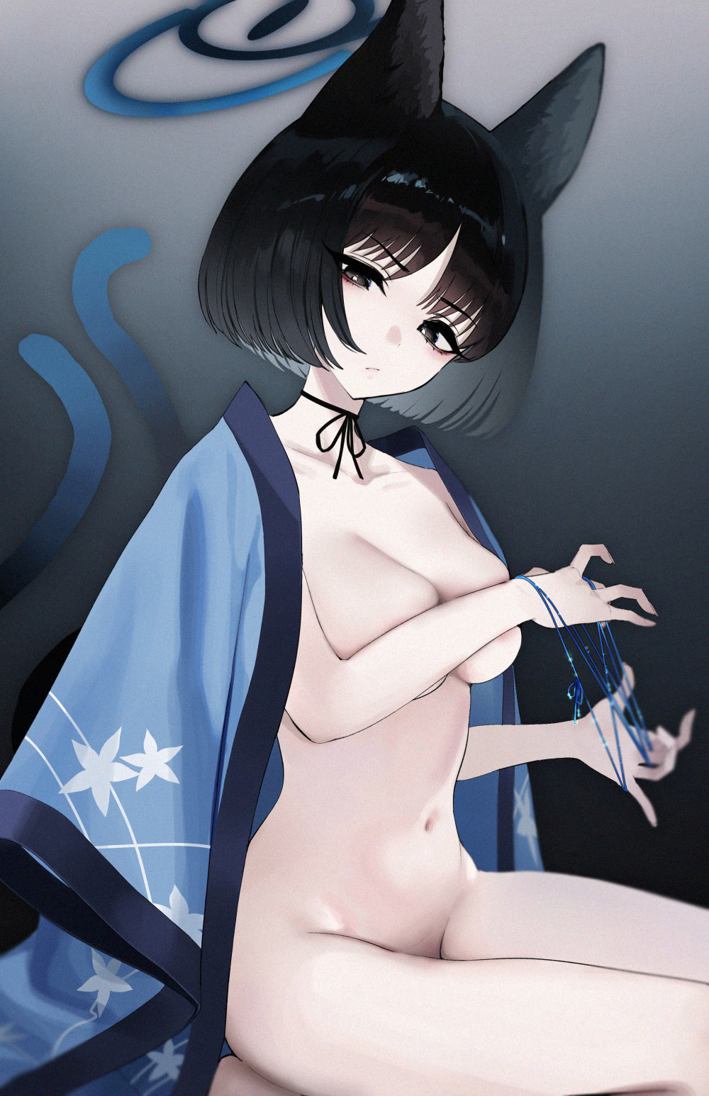 1girl animal_ears black_eyes black_hair blue_archive breasts cat's_cradle cat_ears cat_tail closed_mouth commentary convenient_censoring covering_breasts covering_privates feet_out_of_frame gradient_background haori highres japanese_clothes kikyou_(blue_archive) kimono looking_at_viewer medium_breasts mirei multiple_tails naked_kimono navel nude short_hair simple_background sitting solo tail two_tails