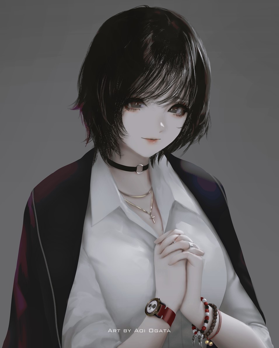 1girl aoi_ogata artist_name black_choker black_eyes black_hair black_jacket bracelet choker clip_studio_paint_(medium) closed_mouth collared_shirt commission dress_shirt grey_background interlocked_fingers jacket jacket_on_shoulders jewelry looking_at_viewer o-ring o-ring_choker original own_hands_clasped own_hands_together shirt simple_background smile solo upper_body watch white_shirt wristwatch