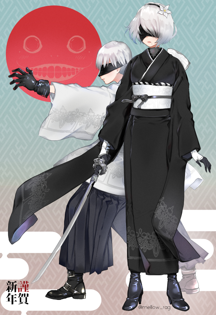 1boy 1girl alternate_costume arms_at_sides artist_name black_blindfold black_footwear black_gloves black_hairband black_kimono blindfold breasts cleavage commentary_request emil_(nier) facing_viewer fighting_stance flower from_side full_body gloves grey_hair grey_kimono grey_sash hair_flower hair_ornament hairband high_heels highres holding holding_sword holding_weapon japanese_clothes katana kimono long_sleeves mellow_rag mole mole_under_mouth nier_(series) nier_automata profile standing sword twitter_username vambraces virtuous_contract weapon white_flower wide_sleeves yorha_no._2_type_b yorha_no._9_type_s