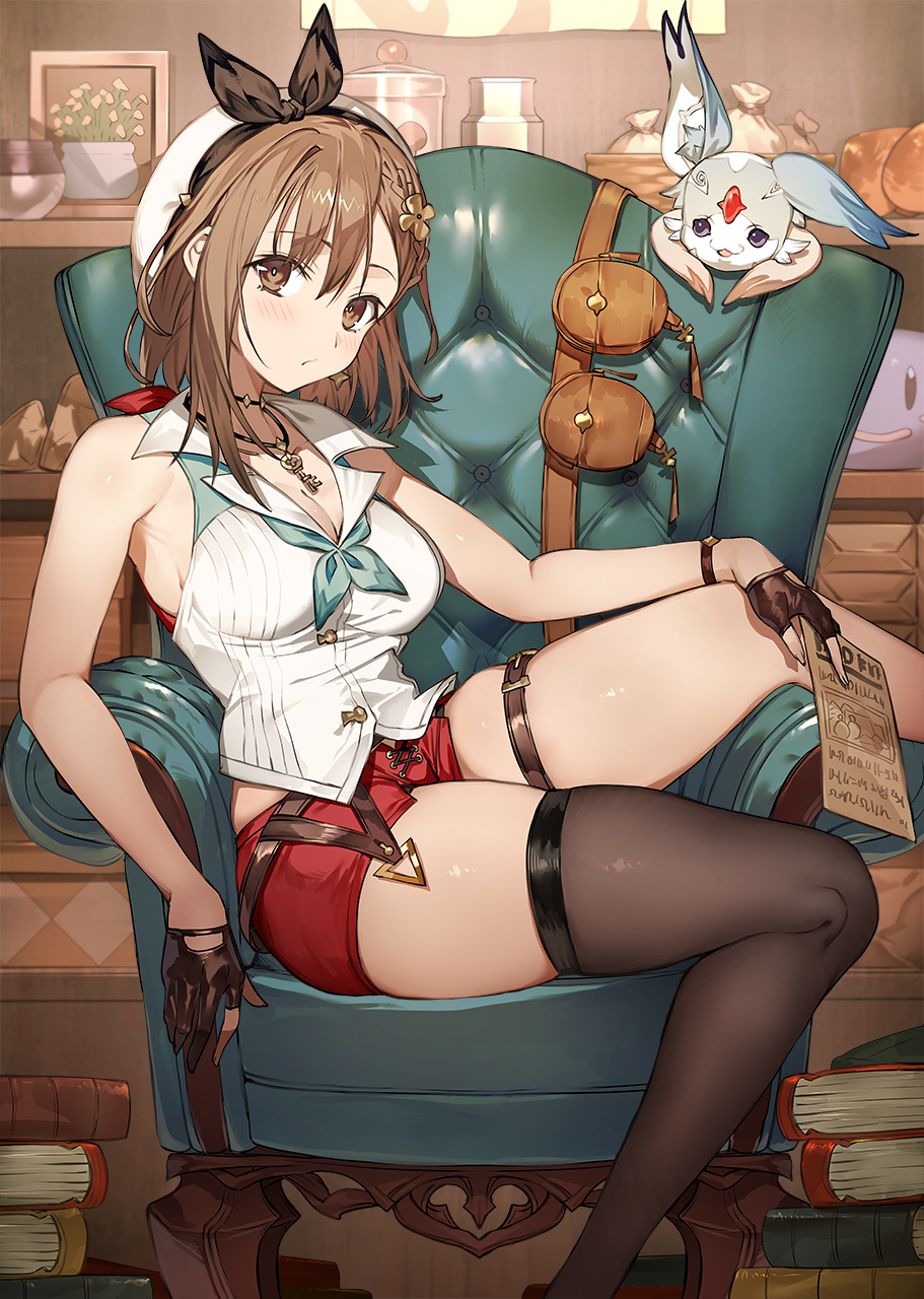 1girl atelier_(series) atelier_ryza beret black_thighhighs braid braided_bangs breasts brown_eyes brown_hair cleavage closed_mouth collared_shirt couch hat highres large_breasts light_blush looking_at_viewer on_couch red_shorts reisalin_stout shirt short_hair short_shorts shorts single_thighhigh solo thick_thighs thighhighs thighs toridamono white_headwear white_shirt