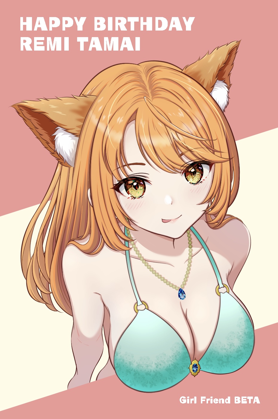 1girl :p alternate_hairstyle animal_ears aqua_bra bra brown_eyes character_name collar collarbone fox_ears girlfriend_(kari) highres jewelry long_hair looking_at_viewer orange_hair redeye_tmirm tamai_remi tongue tongue_out two-tone_background underwear upper_body