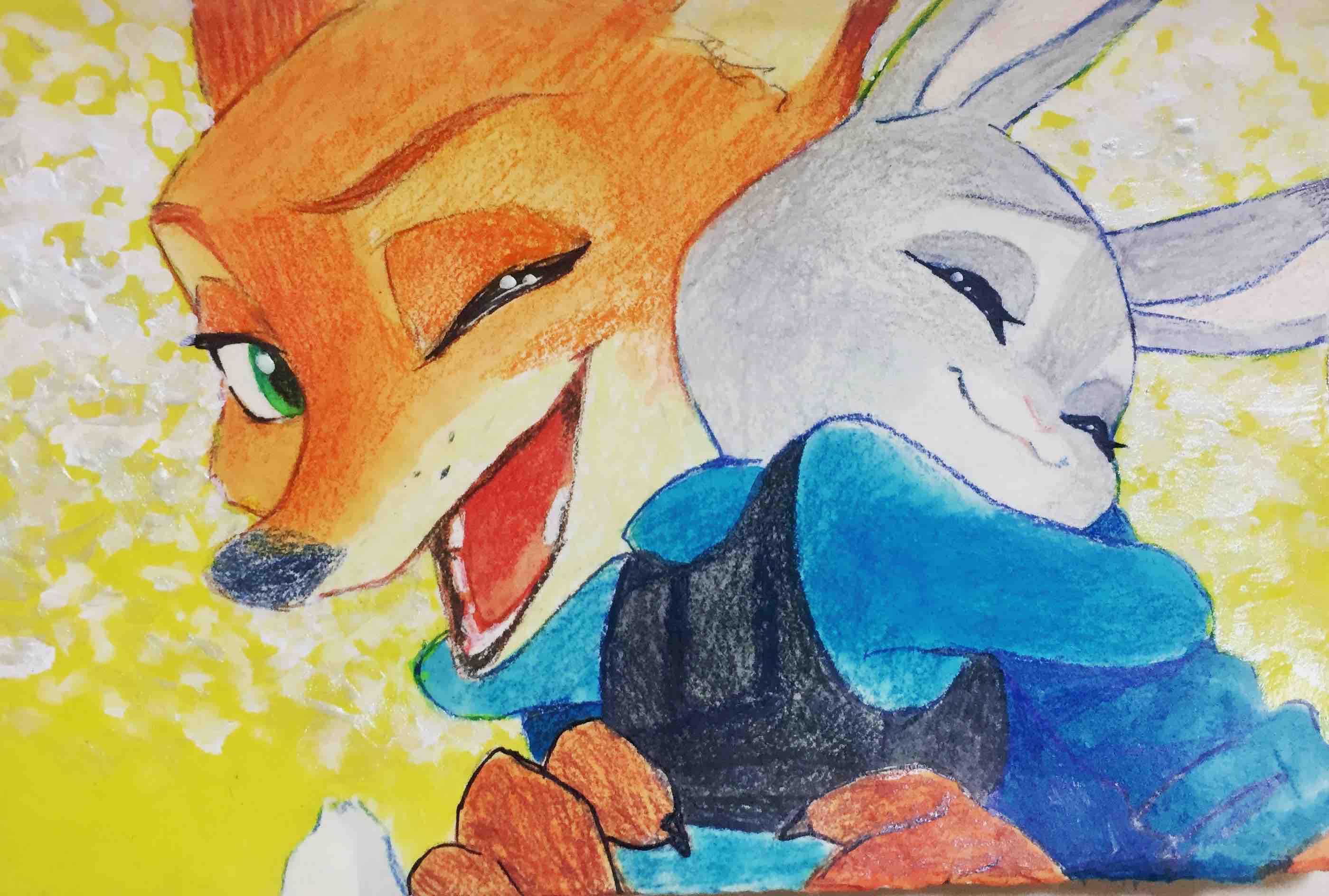 canid canine disney duo fox fur grey_body grey_fur hi_res hug judy_hopps lagomorph leporid mammal monmokamoko nick_wilde one_eye_closed open_mouth open_smile orange_body orange_fur rabbit red_fox smile traditional_media_(artwork) wink zootopia