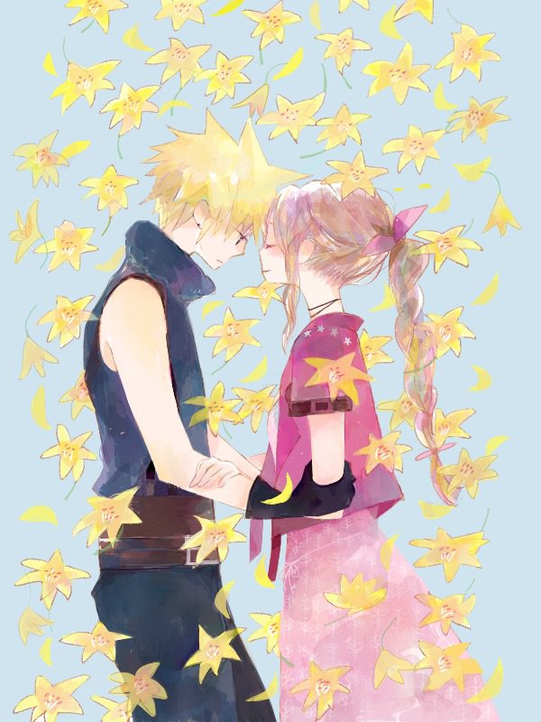 1boy 1girl aerith_gainsborough bare_shoulders belt black_gloves blonde_hair blue_pants blue_shirt braid braided_ponytail brain_buster breasts brown_belt brown_hair choker closed_eyes closed_mouth cloud_strife couple cowboy_shot cropped_jacket dress falling_flower final_fantasy final_fantasy_vii final_fantasy_vii_remake flower forehead-to-forehead gloves grey_background hair_ribbon heads_together hetero holding_another's_arm jacket lily_(flower) long_dress long_hair looking_at_another medium_breasts pants parted_bangs pink_dress pink_ribbon profile red_jacket ribbon ribbon_choker shirt short_hair short_sleeves sidelocks single_braid sleeveless sleeveless_turtleneck suspenders turtleneck yellow_gloves